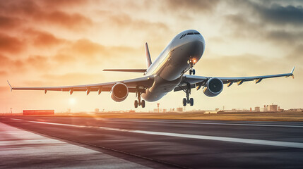 Naklejka na ściany i meble Airplane taking off from the airport with blue sky in background. created with Generative AI