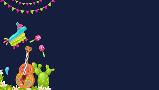 Animation of Cinco de mayo frames. Cactus, guitar, flowers and maracas elements