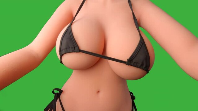 Green screen: an erotic, cartoon style close up of the torso of a doll, resembling a woman with very large breasts in a micro bikini. Moving around a bit, shaking her breasts.