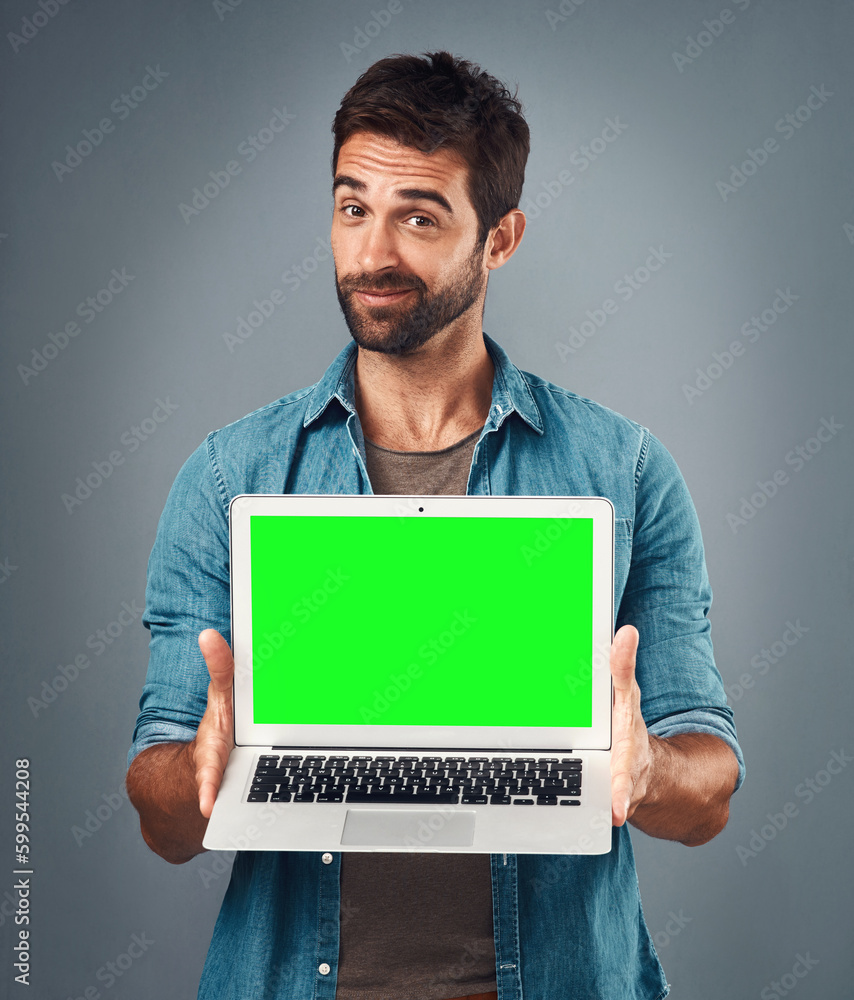 Poster Im not sure...what do you think. Studio shot of a handsome young man showing a laptop with a green screen against a grey background.