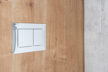 chrome toilet flush button on wooden wall