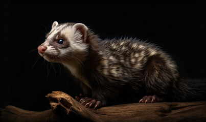 photo of ferret sitting on a tree branch with black background. Generative AI