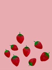 苺の手描き切り絵のイラスト、コピースペースのあるいちごの手描きイラスト素材、フルーツ果物のイラスト素材、いちごの絵のコラージュ