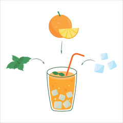 Fresh orange juice in a glass. Coctail pipe and realisitc orange slice Citrus natural fruit drink