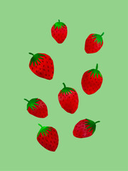 苺の手描き切り絵のイラスト、コピースペースのあるイチゴの手描きイラスト素材、フルーツ果物のイラスト素材、いちごの絵のコラージュ