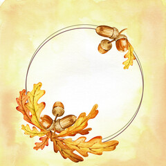 watercolor round frame with oak leaves, seeds, acorns, hand draw illustartion of tree, orange and brown colour, forest theme on gradient watercolor background