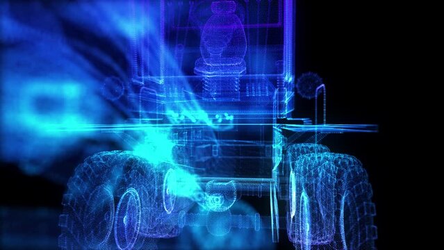 Grader. Model tractor in motion, lines and points connected to 3d form. Presentation digital 3d model.
