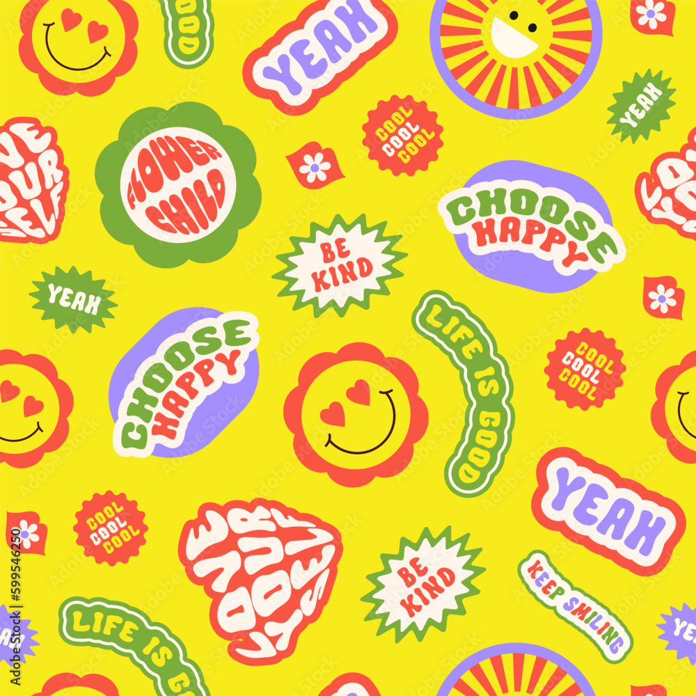 Poster Trendy colorful cartoon stickers seamless pattern with smiling face and text on a yellow background. Collection of cute funny icons, positive slogans in style 70, 80s. Vector illustration