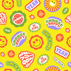 Trendy colorful cartoon stickers seamless pattern with smiling face and text on a yellow background. Collection of cute funny icons, positive slogans in style 70, 80s. Vector illustration