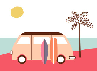 Summer beach landscape with bus, palm and surf boards in retro style. Modern minimalism style. Nostalgia vibes.
