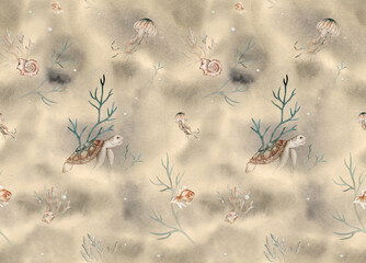 Seamless pattern with watercolor medusa and turtle. Hand painted seashells pattern. Watercolor vintage ocean background. Original hand drawn illustration. Marine design.
