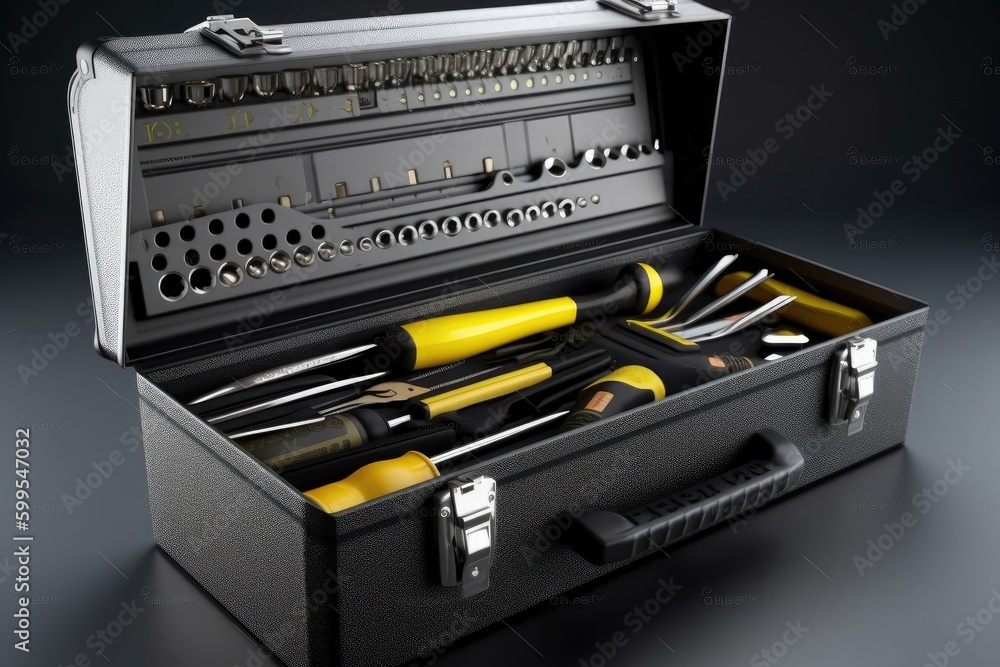 Poster open plastic tool kit box with construction and various hand tools. created with generative ai techn