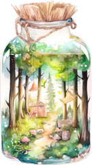 fairy forest in glass jar herbarium watercolor isolated