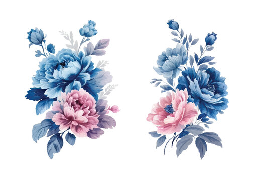 Vintage watercolor blue and pink flowers, isolated and editable vector.