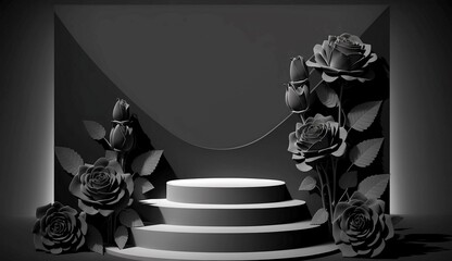 Black and white 3D render of podium with rose flowers and leaves. Generative AI.