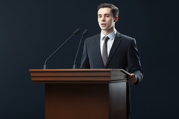 Politician standing at rostrum with microphones. Generative AI