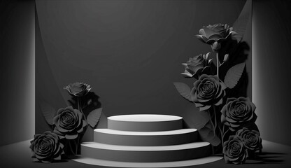 Black and white 3D render of podium with rose flowers and leaves. Generative AI. - obrazy, fototapety, plakaty