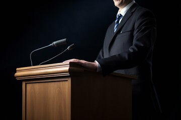 Politician standing at rostrum with microphones. Generative AI
