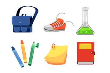 school element tools, School and education icons for back to school concept, shoes, paper clip, science experiment glass, school bag and book