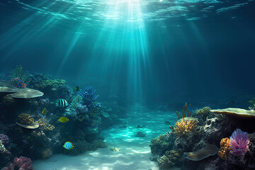 Tropical Seabed - An Underwater Scene with Vibrant Reef and Sunshine. created with Generative AI