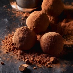 A close-up of delicious chocolate truffles with a cocoa powder dusting