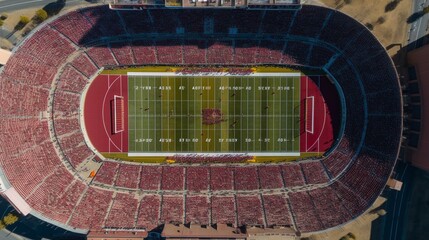 Aerial view of a football stadium during a game with cheering fans