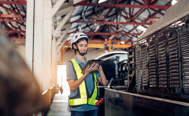 Portrait of professional woman engineer in white hardhat standing and holding tablet working in train factory.