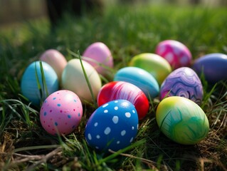 Colorful Easter egg hunt in a beautiful spring garden
