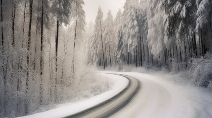 Snow-covered road winding through a winter forest