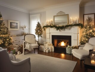 Cozy living room with a fireplace, decorated for Christmas.