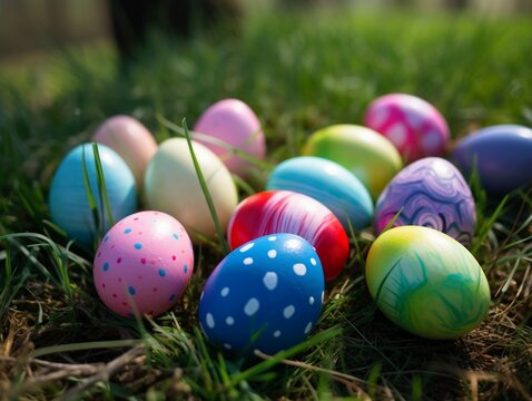 Colorful Easter egg hunt in a beautiful spring garden