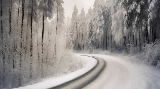 Snow-covered road winding through a winter forest