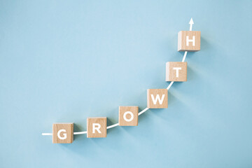 Business concept growth success process, Close up wood block stacking as step stair on paper blue background