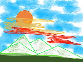 Sunset in mountains aria hand painted picture - obrazy, fototapety, plakaty