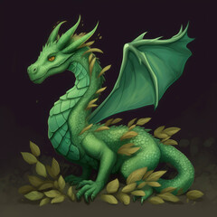 Fototapeta premium Full-lenght green wooden dragon with leaves and branches growing from scales. Symbol of 2024. Chinese New Year. High resolution. Generative AI, human enhanced