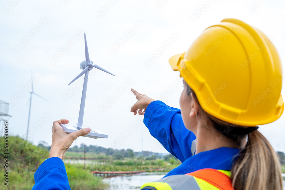 Poster technician engineers inspection work in wind turbine power generator station,wind turbine operations