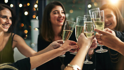 Toast, party and champagne with friends at restaurant for celebration, wine and social event....