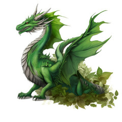 Obraz premium Green wooden dragon with leaves and branches growing from scales isolated on white background. Symbol of 2024. Chinese New Year. High resolution. Generative AI, human enhanced