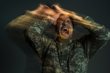 long exposure of soldier in uniform screaming while suffering from dissociation disorder isolated...