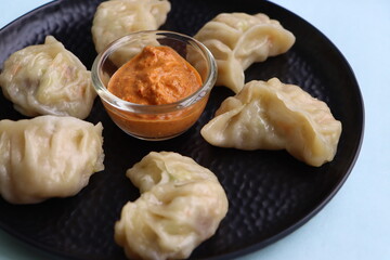 Veg steam momo. Nepalese Traditional dish Momo stuffed with vegetables and then cooked and served with sauce
