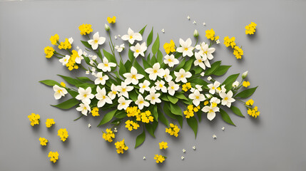 Top view of a flower composition of white jasmine flowers on a gray background