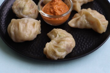 Veg steam momo. Nepalese Traditional dish Momo stuffed with vegetables and then cooked and served with sauce