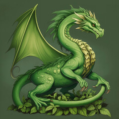 Obraz premium Full-lenght green wooden dragon with leaves and branches growing from scales. Symbol of 2024. Chinese New Year. High resolution. Generative AI, human enhanced