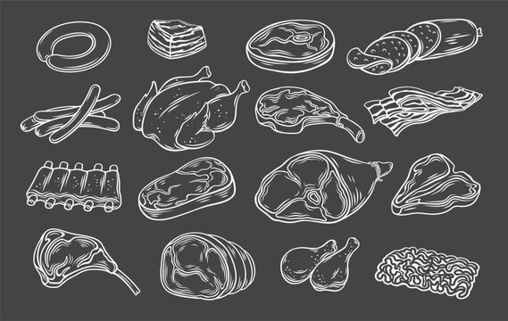 Meat outline icons set vector illustration. Hand drawn beef and pork steaks with or without bone, barbecue sausages and ribs, chicken and prosciutto in white line butchery meat collection on black