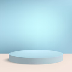 Realistic blue cylindrical pedestal. Abstract minimal scene for product showcase, advertising display. Vector geometric shape.