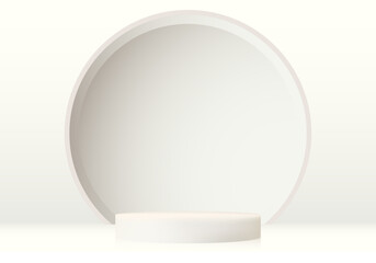 Cylindrical realistic white podium. White empty room concept with semicircular interior element.Vector 3d shape rendering, product display presentation.