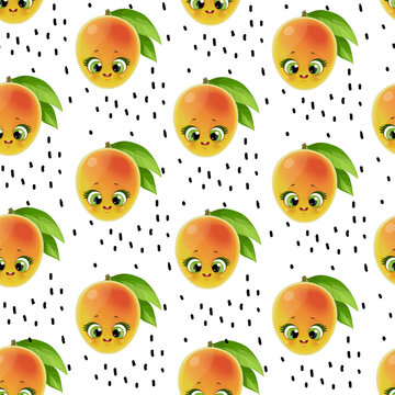 Seamless pattern from cute little cartoon emoji mango on white background