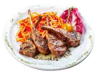 rack of lamb with pasta tomato sauce and salad