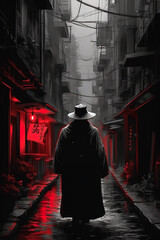 A man in a hat and coat walking down a street in Japan with traditional wooden houses. illustration. Generative AI