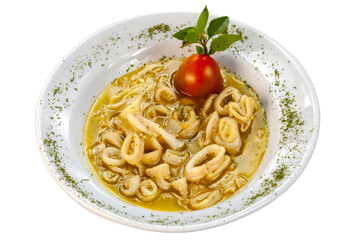 Plate with squid rings in sauce and olive oil